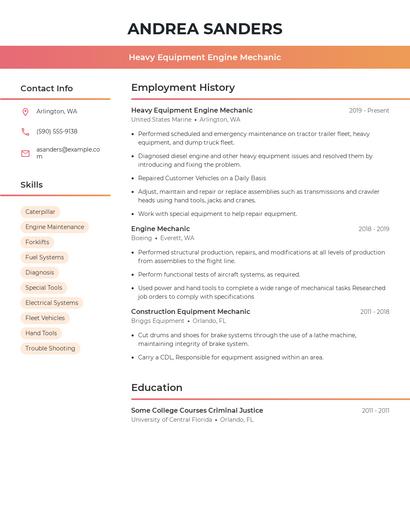 Heavy Equipment Engine Mechanic Resume