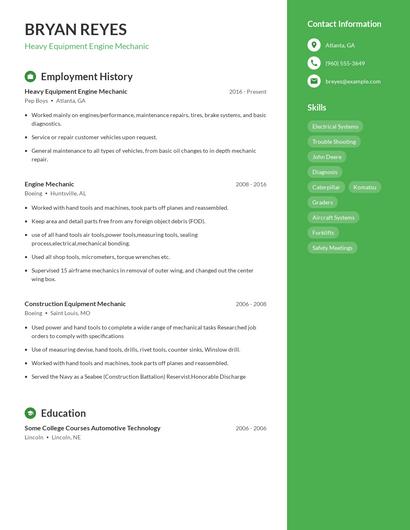 Heavy Equipment Engine Mechanic Resume