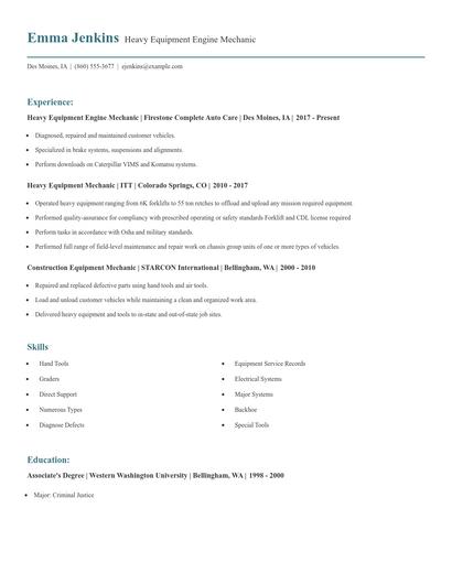 Heavy Equipment Engine Mechanic Resume