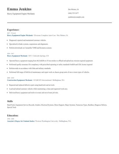 Heavy Equipment Engine Mechanic Resume