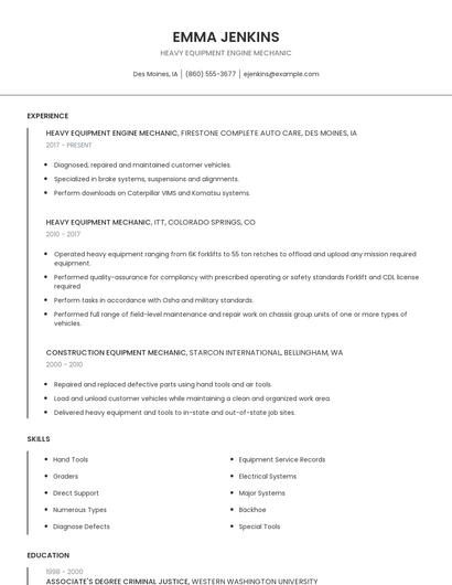Heavy Equipment Engine Mechanic Resume