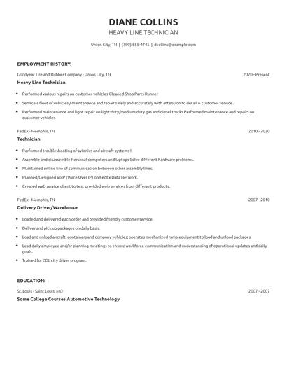 Heavy Line Technician Resume