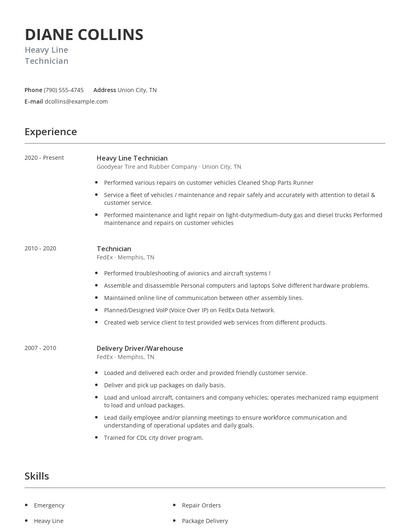 Heavy Line Technician Resume