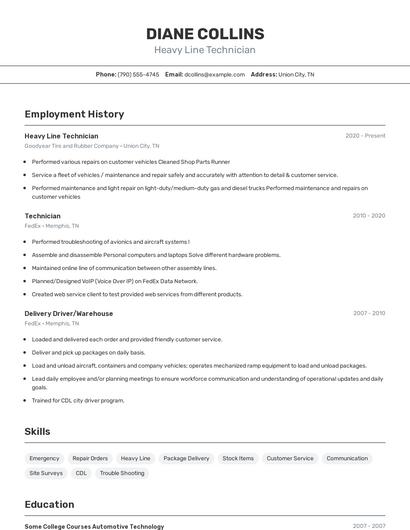 Heavy Line Technician Resume