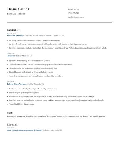 Heavy Line Technician Resume