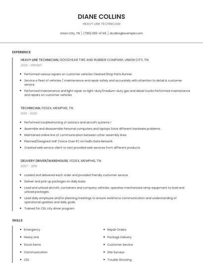 Heavy Line Technician Resume