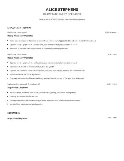 Heavy Machinery Operator Resume