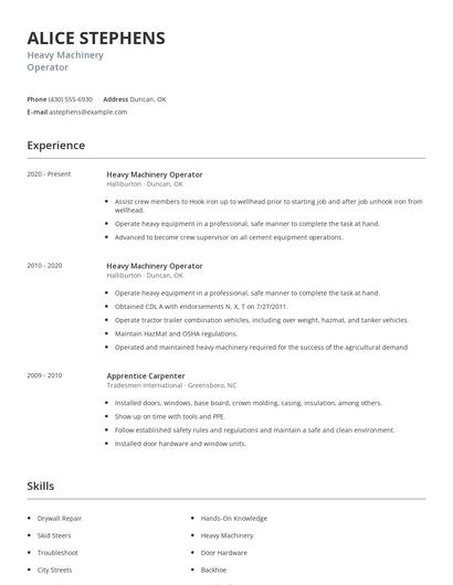 Heavy Machinery Operator Resume