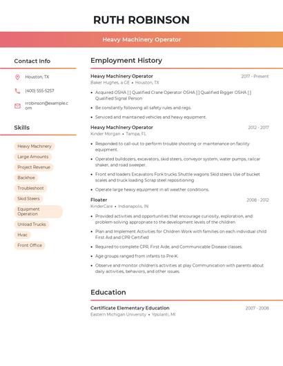 Heavy Machinery Operator Resume