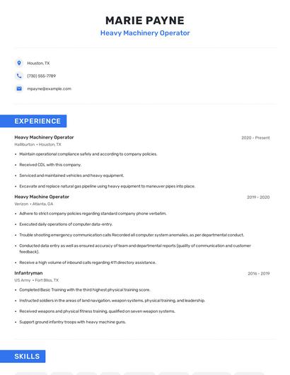 Heavy Machinery Operator Resume