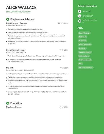 Heavy Machinery Operator Resume