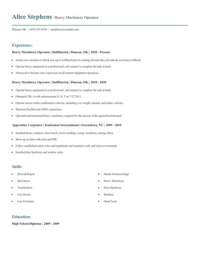 Heavy Machinery Operator Resume