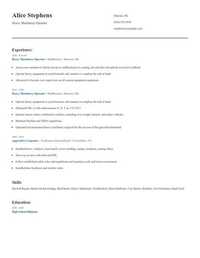 Heavy Machinery Operator Resume
