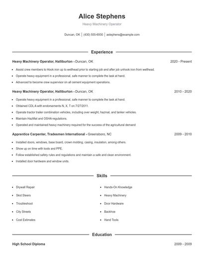 Heavy Machinery Operator Resume