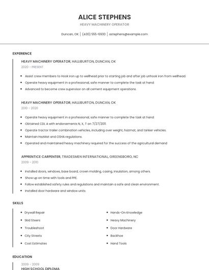 Heavy Machinery Operator Resume