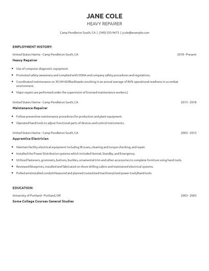 Heavy Repairer Resume