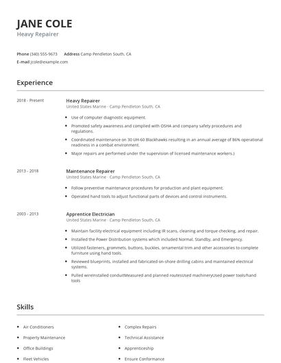 Heavy Repairer Resume