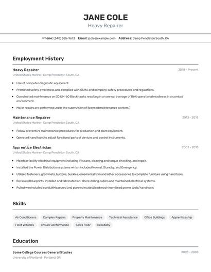 Heavy Repairer Resume