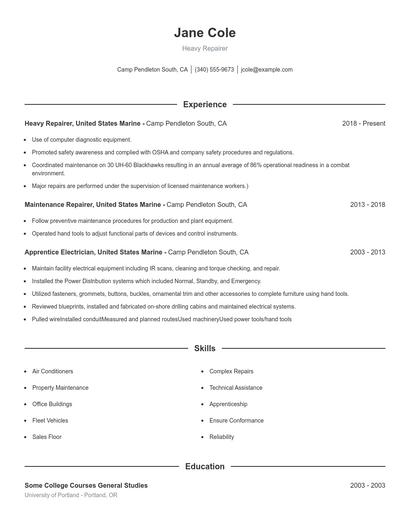 Heavy Repairer Resume