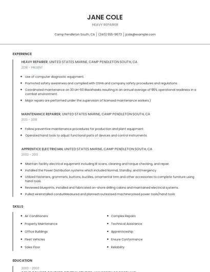 Heavy Repairer Resume