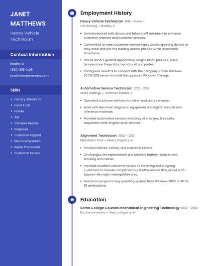 Heavy Vehicle Technician Resume