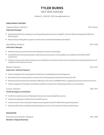 Help Desk Manager Resume