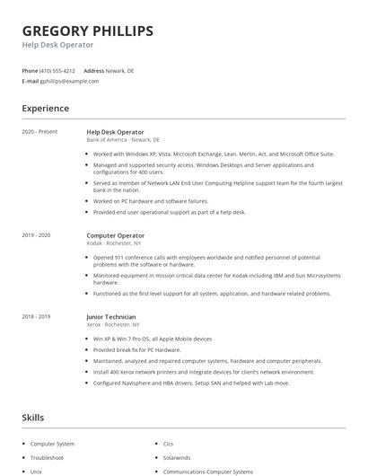 Help Desk Operator Resume