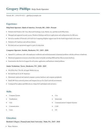 Help Desk Operator Resume