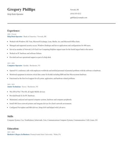 Help Desk Operator Resume