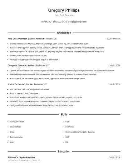 Help Desk Operator Resume