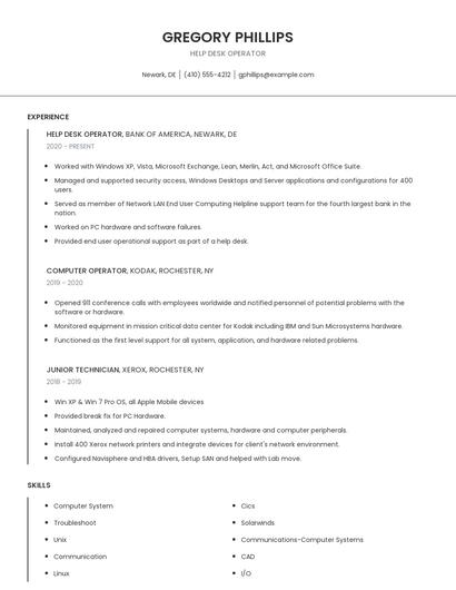 Help Desk Operator Resume