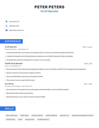 Hi Lift Operator Resume