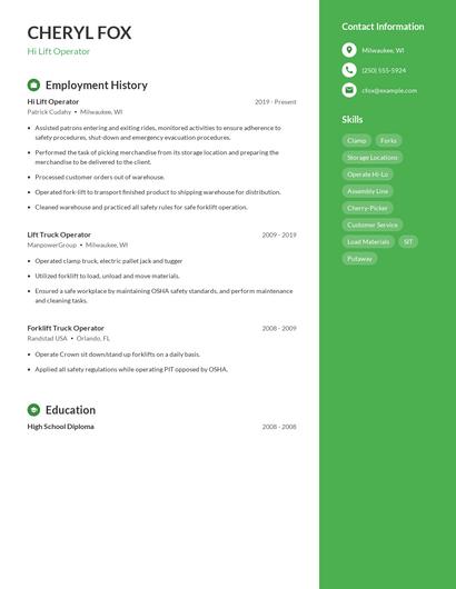 Hi Lift Operator Resume