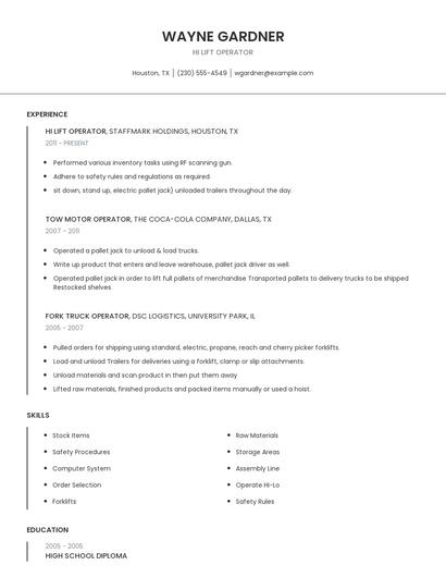 Hi Lift Operator Resume