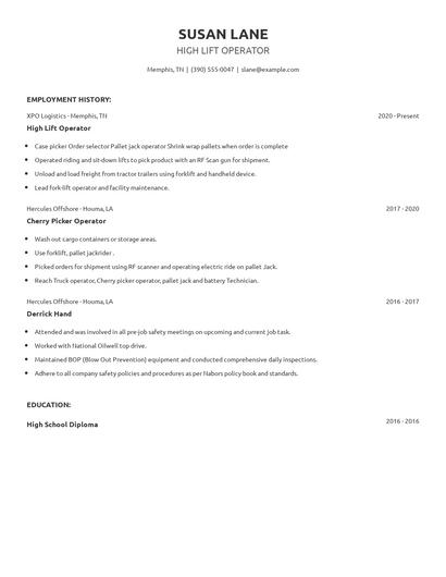 High Lift Operator Resume