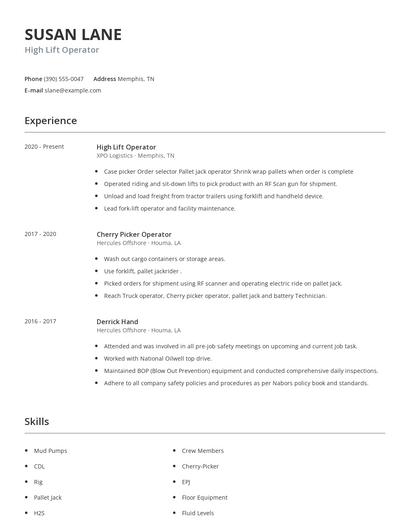 High Lift Operator Resume