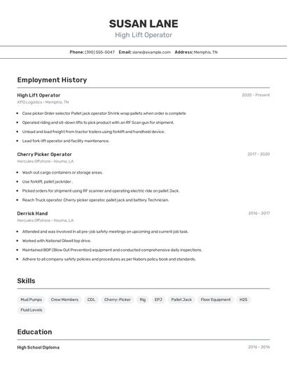 High Lift Operator Resume