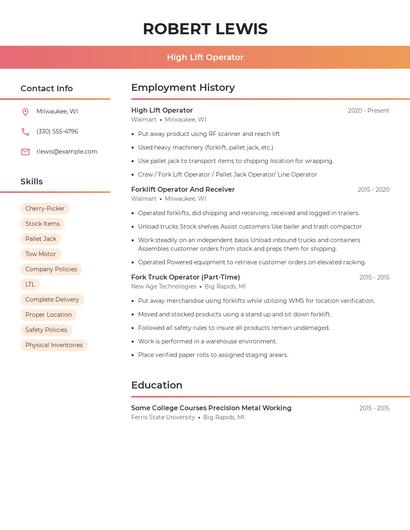 High Lift Operator Resume