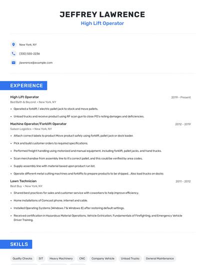 High Lift Operator Resume