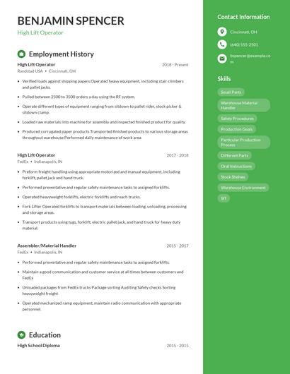 High Lift Operator Resume