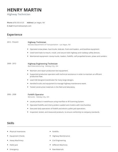 Highway Technician Resume