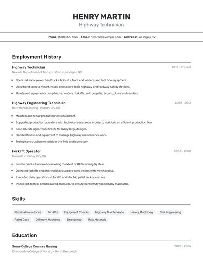 Highway Technician Resume