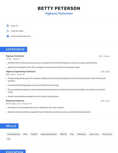 Highway Technician Resume