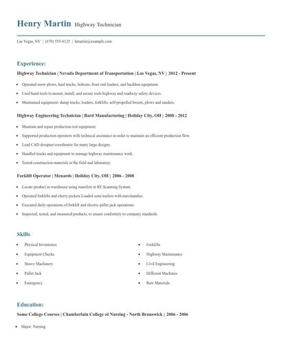 Highway Technician Resume