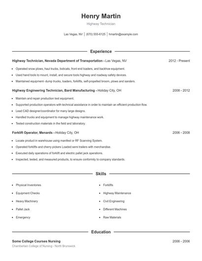 Highway Technician Resume