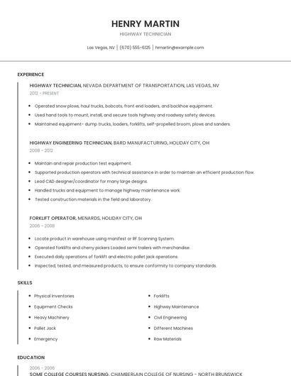 Highway Technician Resume