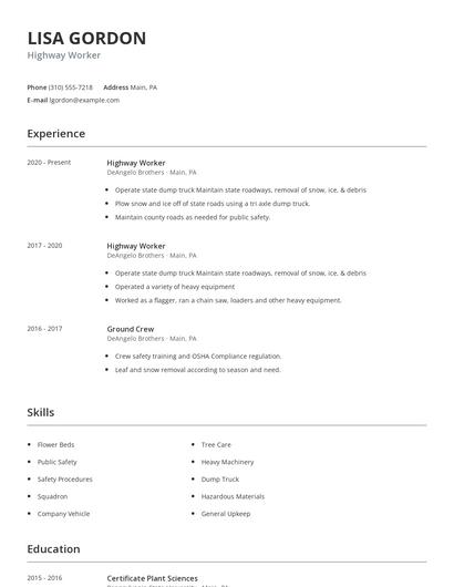 Highway Worker Resume