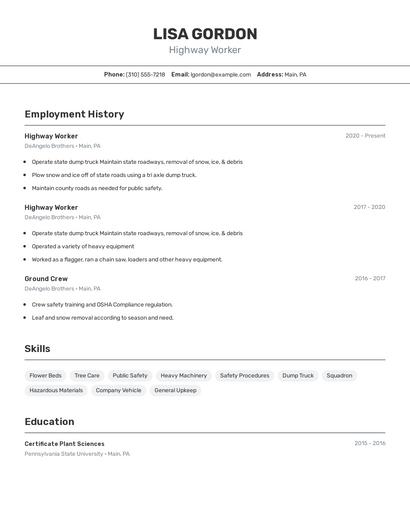 Highway Worker Resume