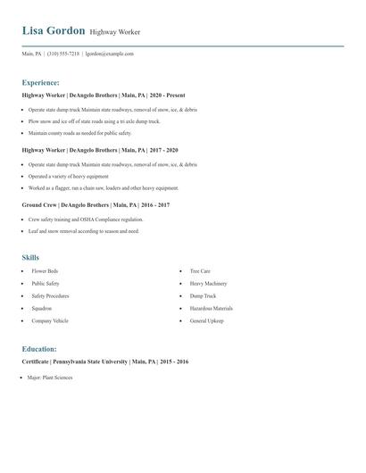 Highway Worker Resume