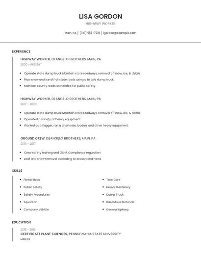 Highway Worker Resume